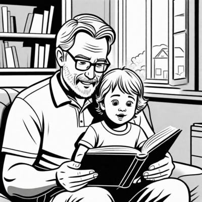 Papa lit un livre à l’enfant – coloriage