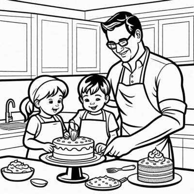 Père et enfant cuisinent ensemble un gâteau – coloriage
