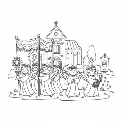 Petits anges dans la procession du Corps du Christ – livre de coloriage éducatif