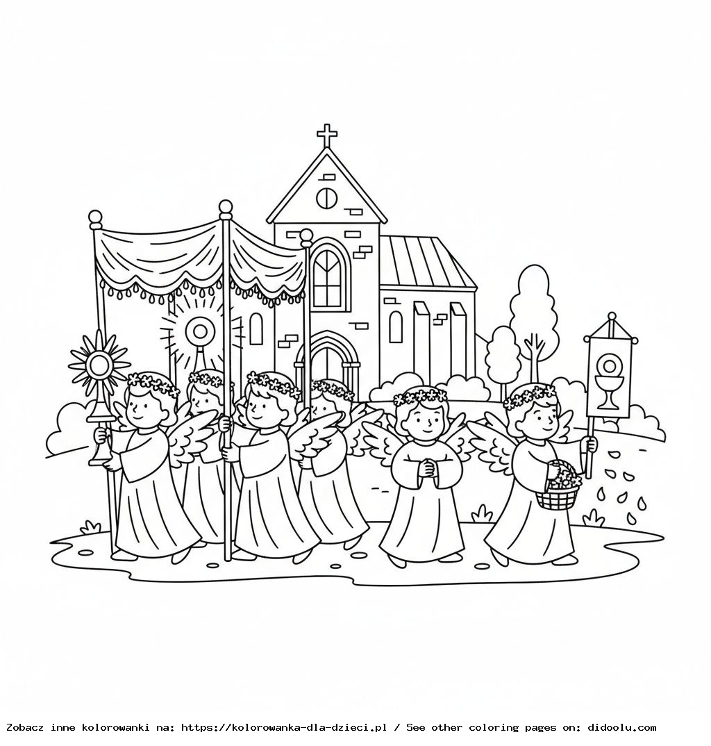 Petits anges dans la procession du Corps du Christ – livre de coloriage éducatif