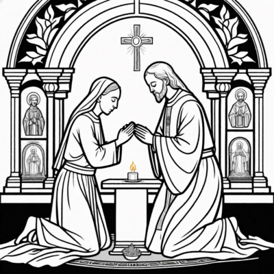 Fidèles à genoux devant le Saint-Sacrement